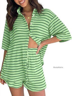 Large Striped Lounge Set with Button-Down Shirt and Drawstring Shorts